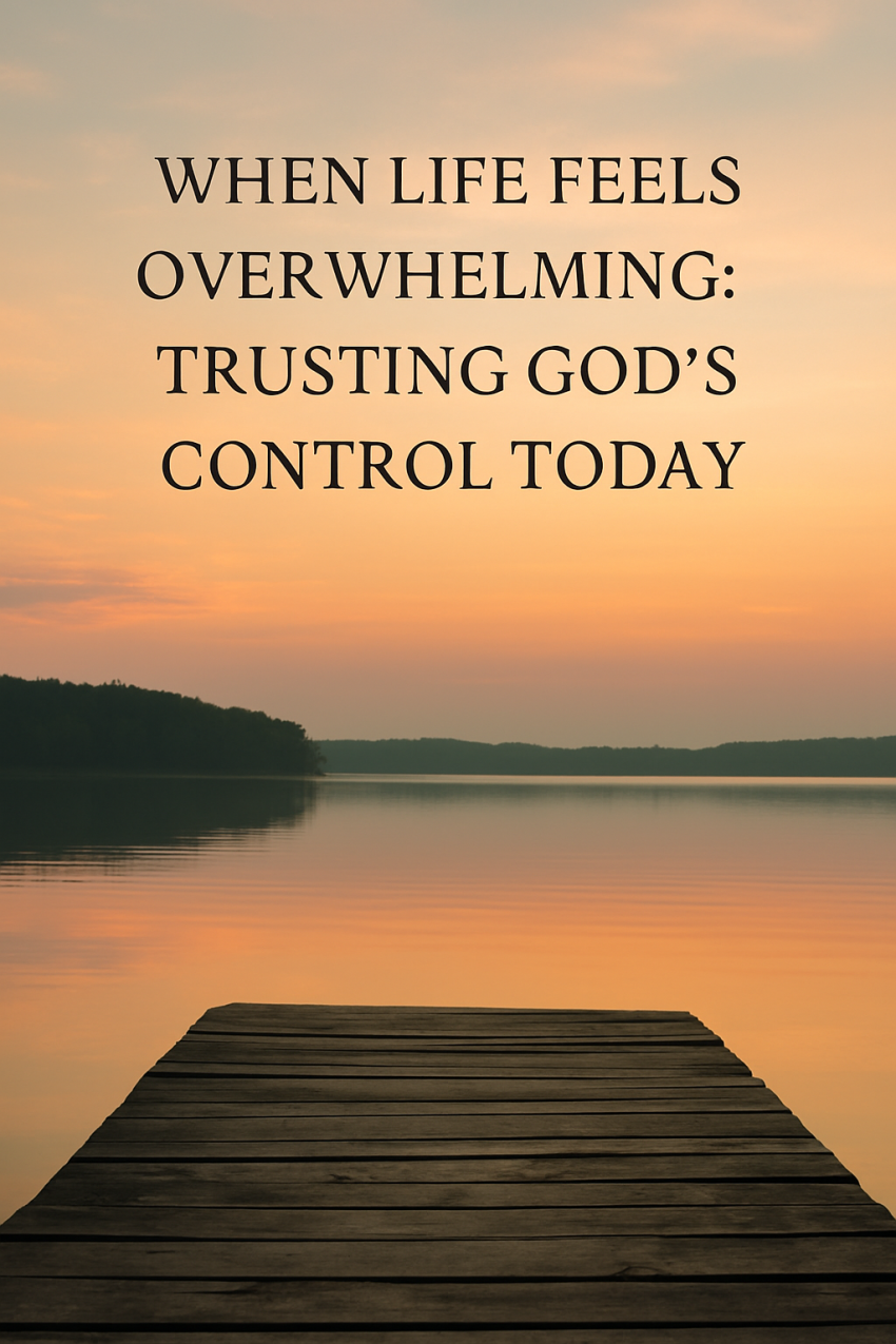 Sunrise over calm lake with devotional title ‘When Life Feels Overwhelming: Trusting God’s Control Today