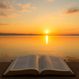 Open Bible with sunrise over calm water, symbolizing peace through trusting God with anxiety