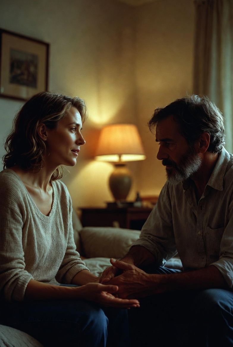 Wife talking calmly with her alcoholic husband in a cozy living room while he listens sober