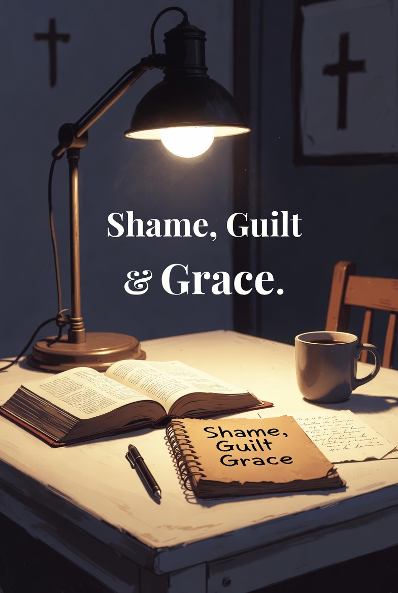 A warm night scene of a kitchen table with an open Bible, a worn notebook titled Shame, Guilt and Grace, and a coffee mug, symbolizing Christian healing from shame, guilt, and addiction relapse.