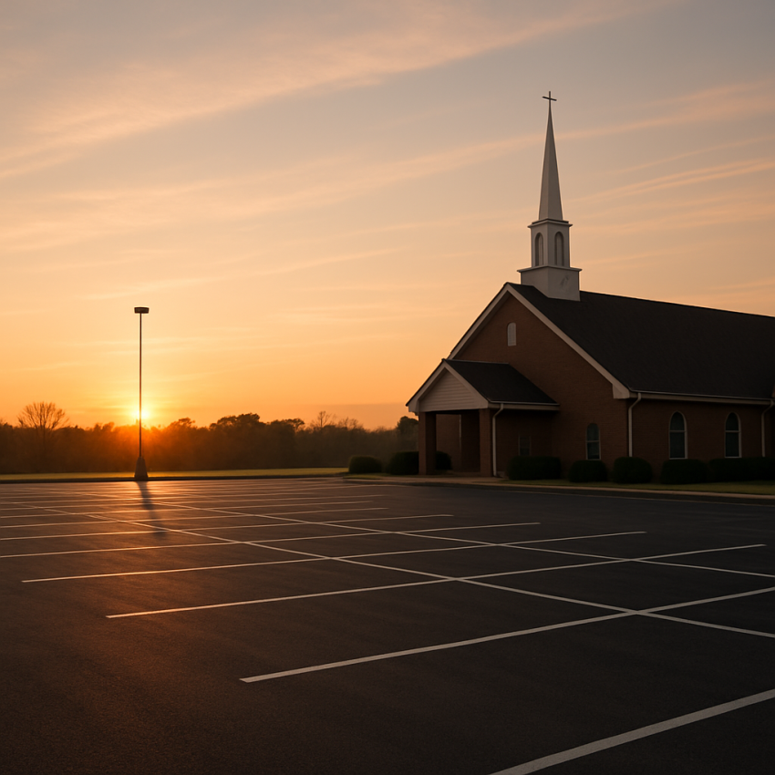 Empty church parking lot at sunrise with warm light reflecting off the pavement.