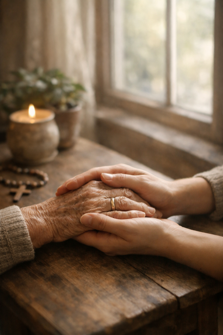 Caregiver gently holding an elderly woman's hands in a moment of faith and peace