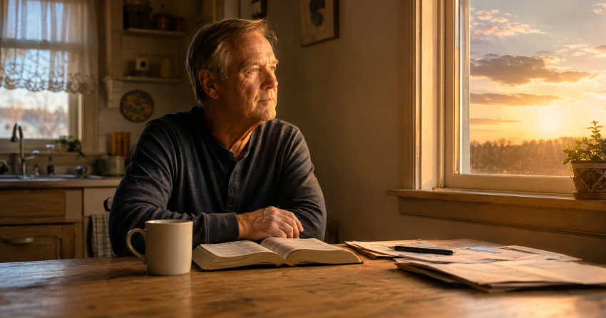 An older man at his kitchen table with an open Bible and coffee at sunrise, reflecting on God's goodness during a hard season — encouragement for caregivers