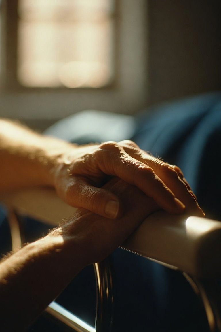 Adult child's hand resting gently on an elderly parent's hand, symbolizing trust in God during a parent's move into long-term care