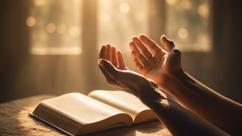 Open hands in warm morning light beside an open Bible, illustrating the love of God in 1 John 4:7-8